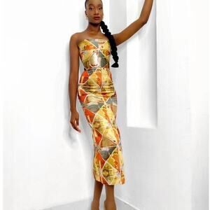 NWOT Kilentar Dress Feranmi Strapless Midi Pattern Gold Orange Metallic Formal